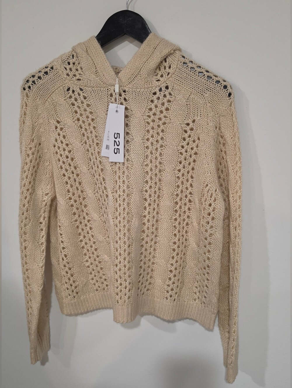 525 Women's Cream Openwork Cable Knit Hoodie Sweater
